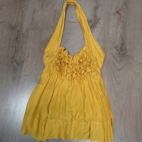 Vintage designer Rachel Roy bright yellow ruched tucked cotton halter top - Picture 10 of 14